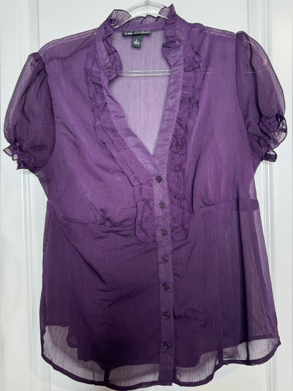 I.N. Studio Purple Ruffle Button-Front Sheer Blouse v-neck sz large